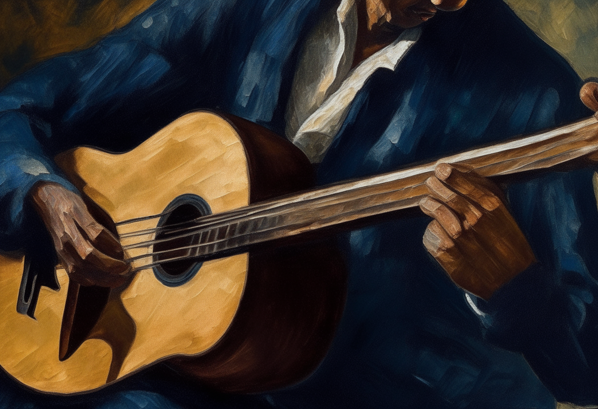 oil painting by artist Vincent Van Gogh - detail of a jazz guitarist playing an acoustic guitar in a dark club