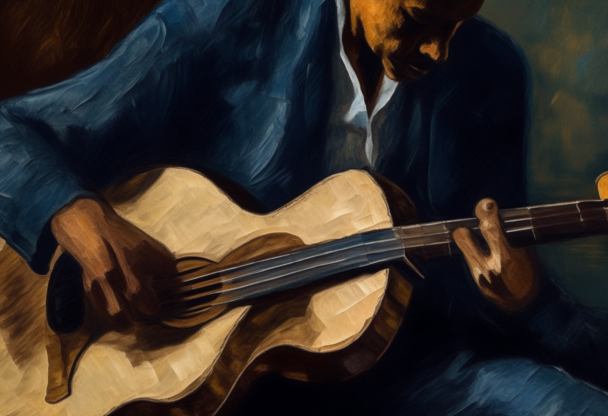 oil painting by artist Vincent Van Gogh - detail of a jazz guitarist playing an acoustic guitar in a dark club