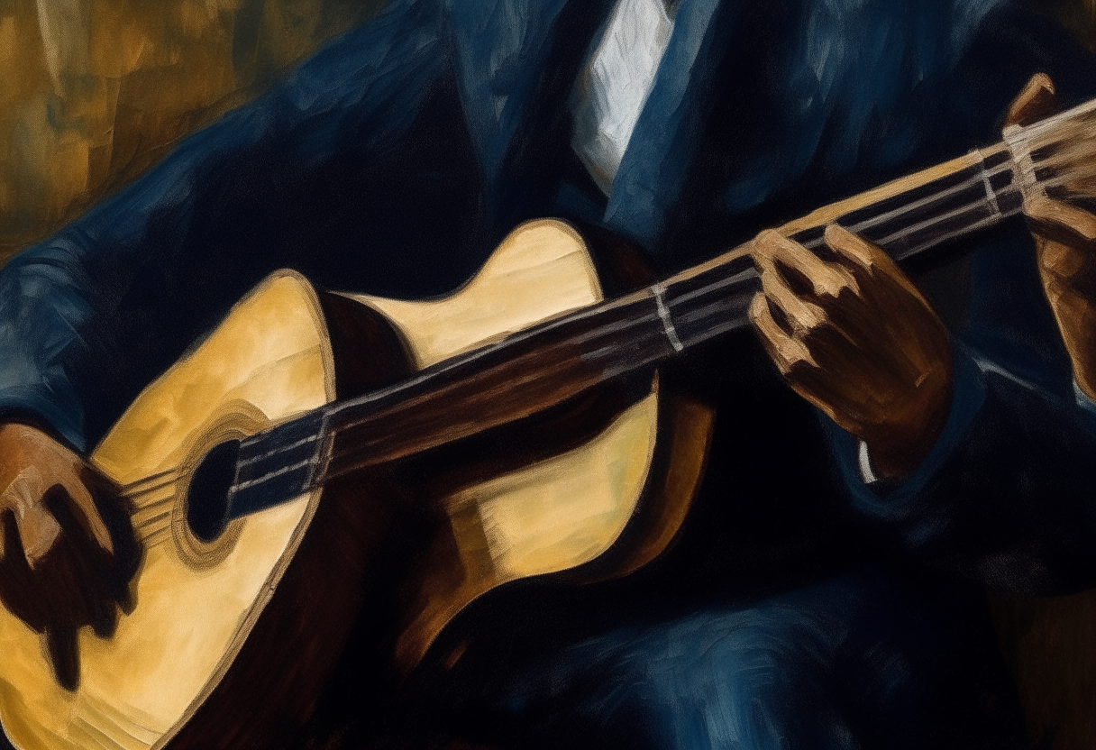 oil painting by artist Vincent Van Gogh - detail of a jazz guitarist playing an acoustic guitar in a dark club