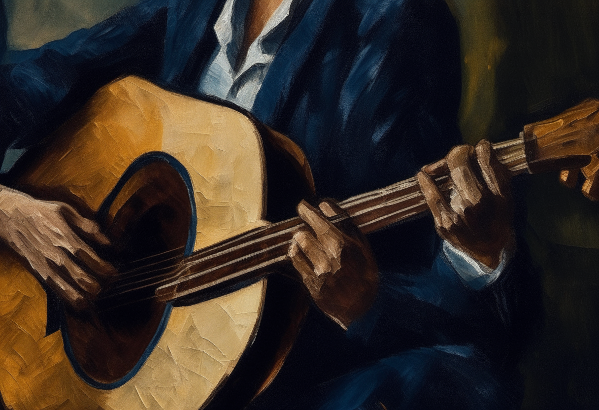 oil painting by artist Vincent Van Gogh - detail of a jazz guitarist playing an acoustic guitar in a dark club