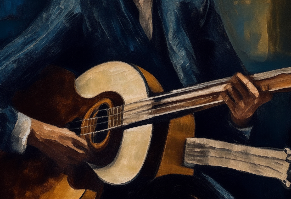 oil painting by artist Vincent Van Gogh - detail of a jazz guitarist playing an acoustic guitar in a dark club