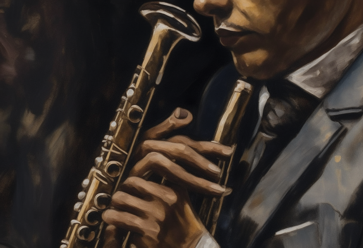 oil painting by the artist Vincent Van Gogh - detail of a jazz clarinetist in a dark club