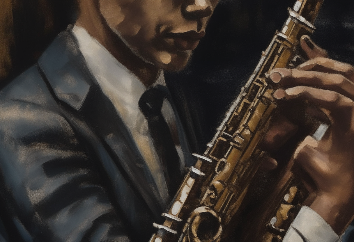 oil painting by the artist Vincent Van Gogh - detail of a jazz clarinetist in a dark club