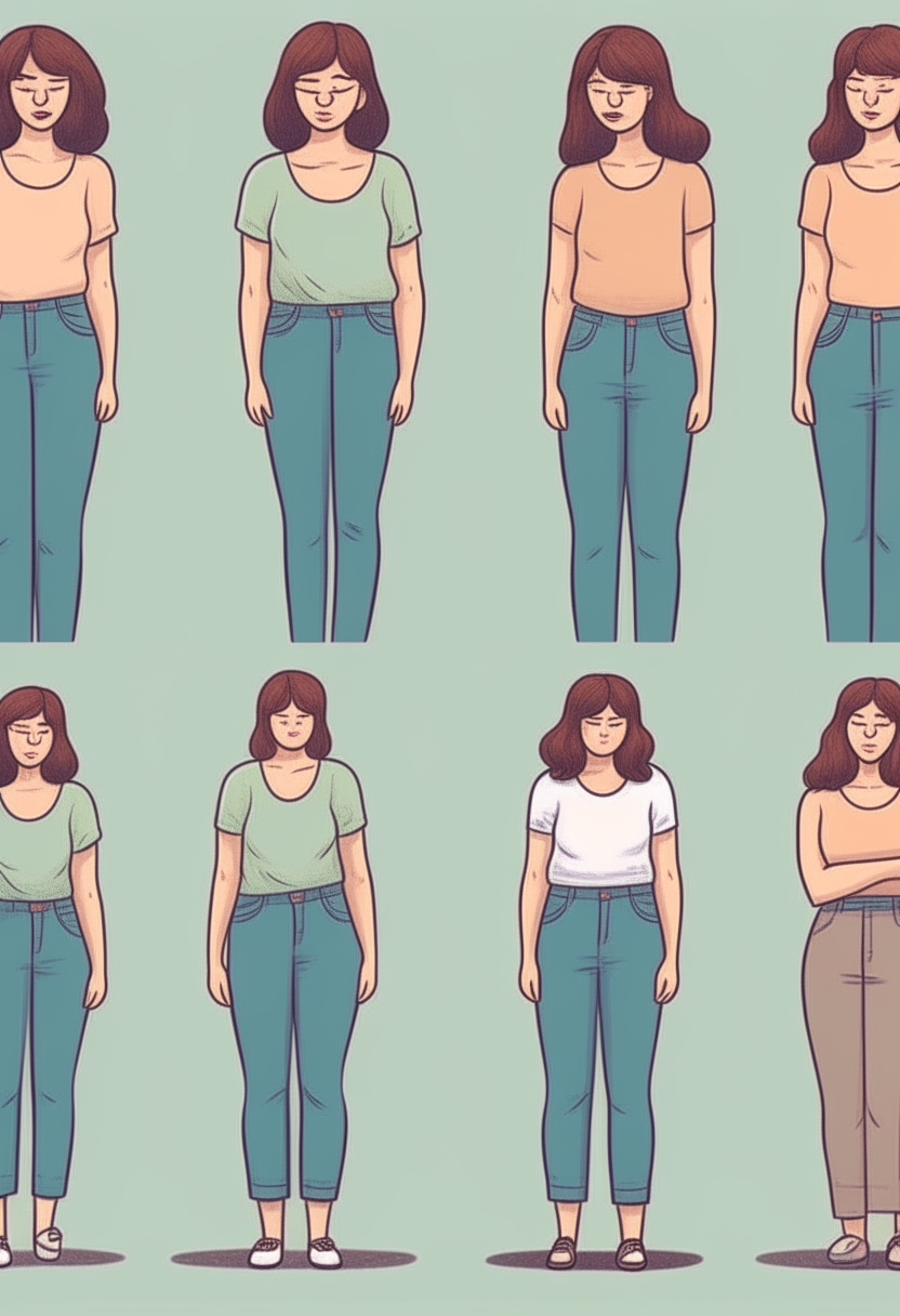 The woman tries on different pants, each one looking uncomfortable or unflattering, with quick, dissatisfied expressions