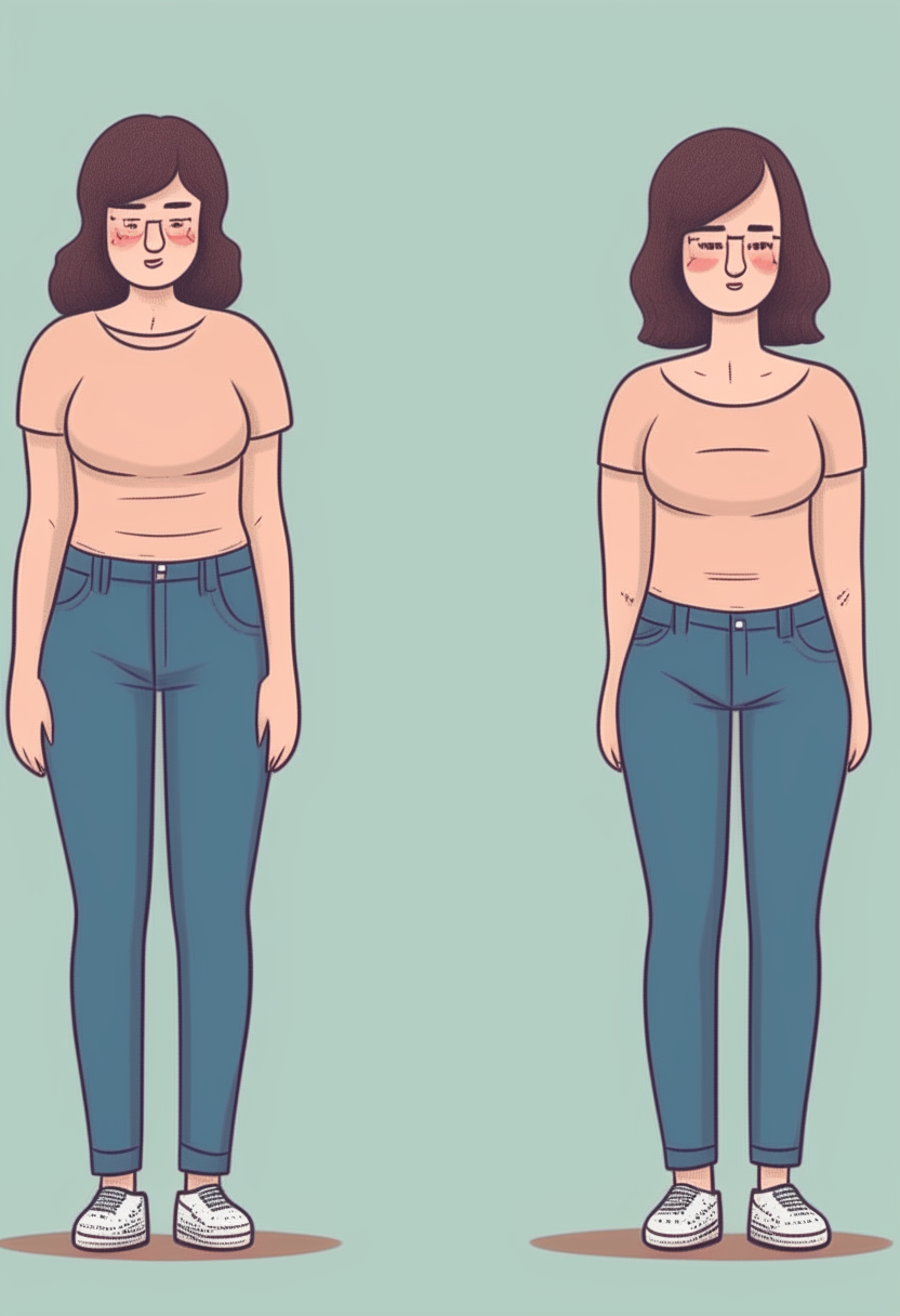 The woman tries on pants, looking uncomfortable or unflattering, with quick, dissatisfied expressions