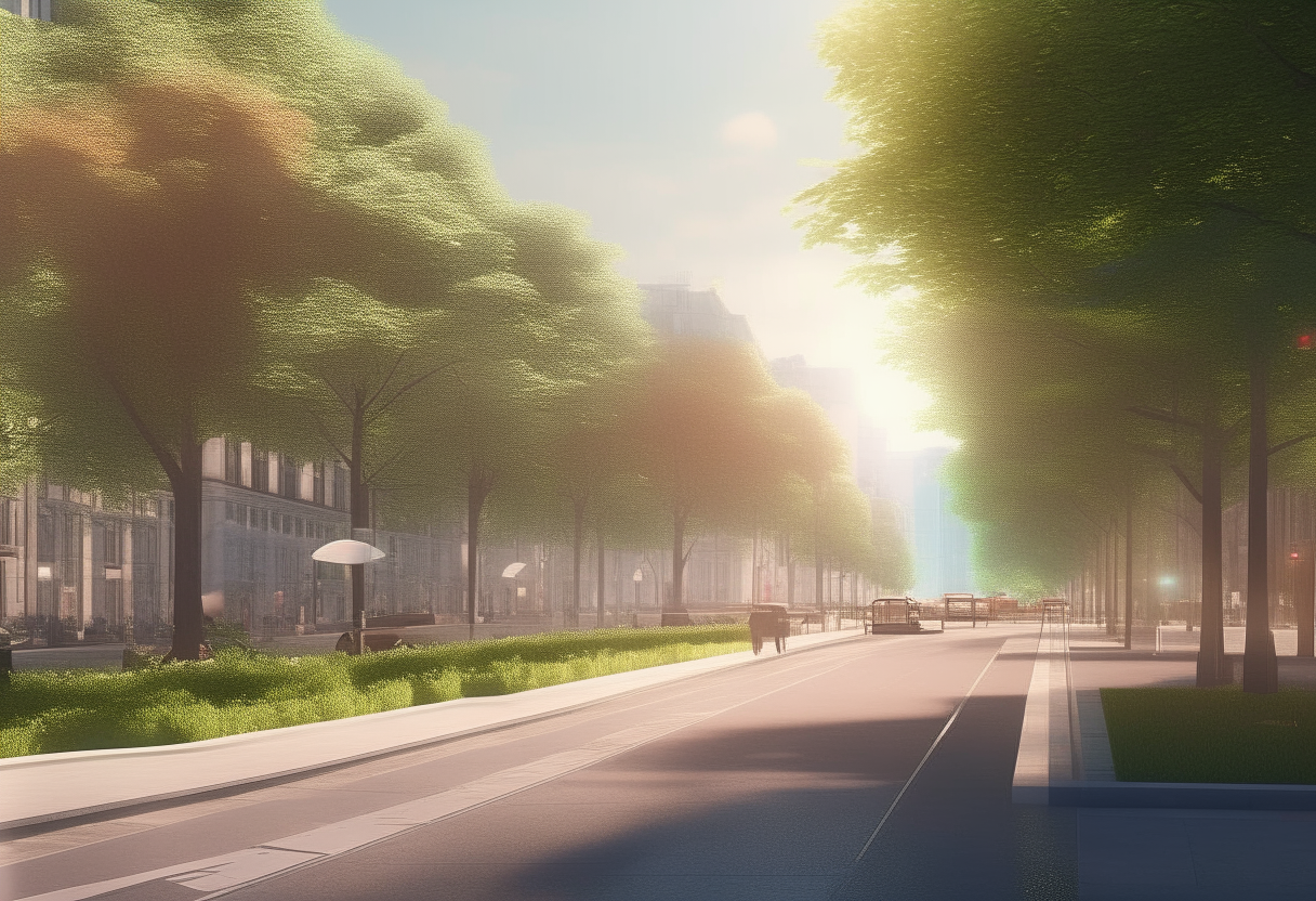 Soft, uplifting music playing. Visual of a busy city street transitioning to a peaceful park.