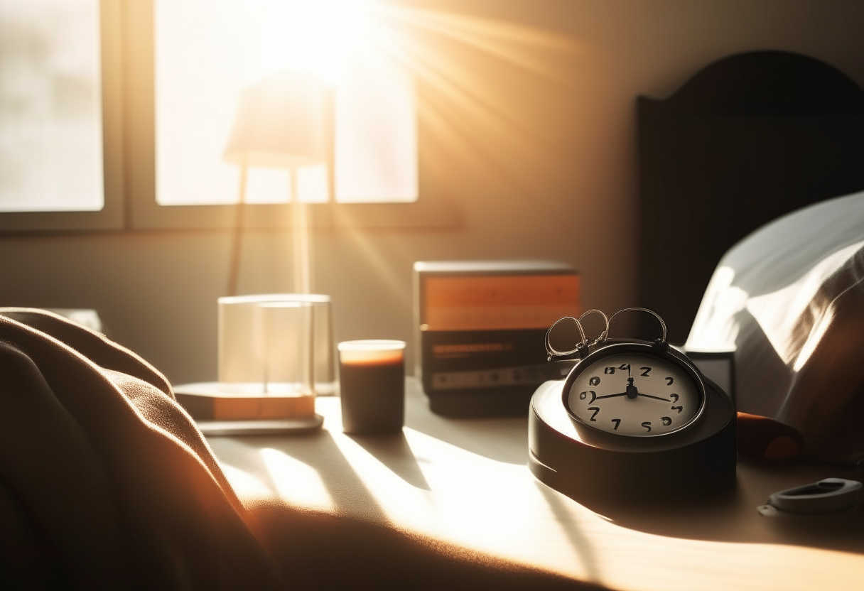 A cozy bedroom with morning sunlight streaming through the window. On a sleek, modern bedside table, a pair of stylish smart glasses sits next to an alarm clock showing 7:00 AM. A hand reaches out to grab the glasses.
(Elements: Modern bedroom, sunlight, smart glasses, alarm clock, reaching hand).