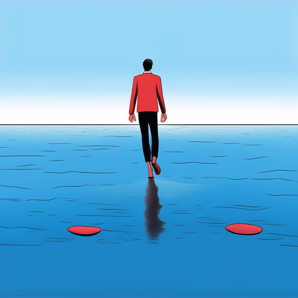 a cartoon man with big red shoes walking on the surface of a calm blue ocean