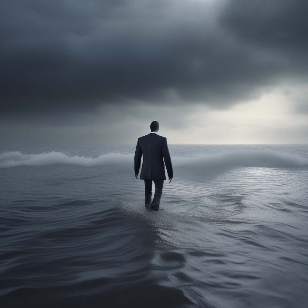 a 3D rendered businessman in a suit walking on the surface of a stormy grey ocean