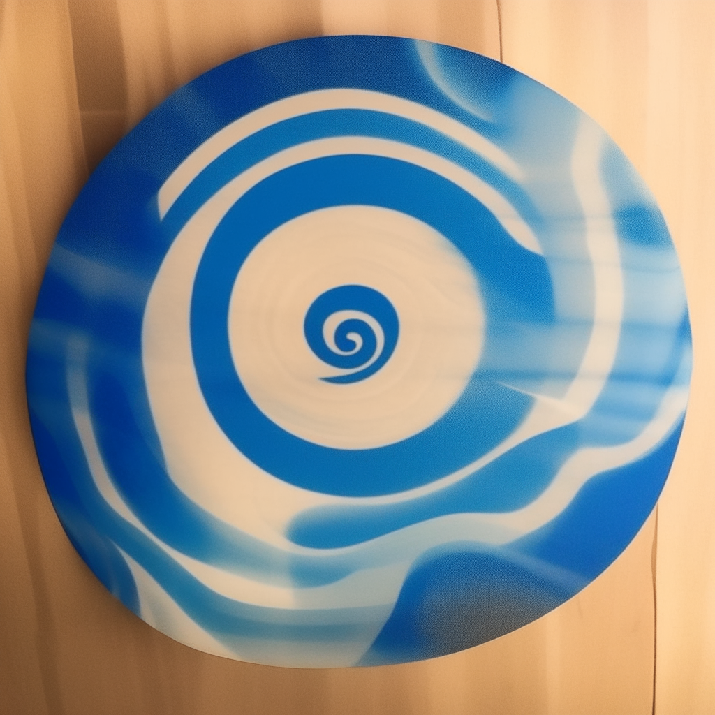 Retro vinyl record featuring the spiral cup design in blue and white against a light woodgrain background