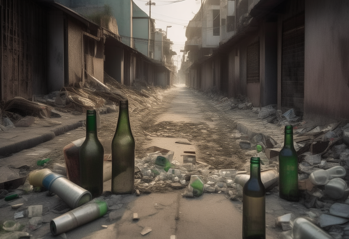 an abandoned city street filled with rubble and the bottles from image-1