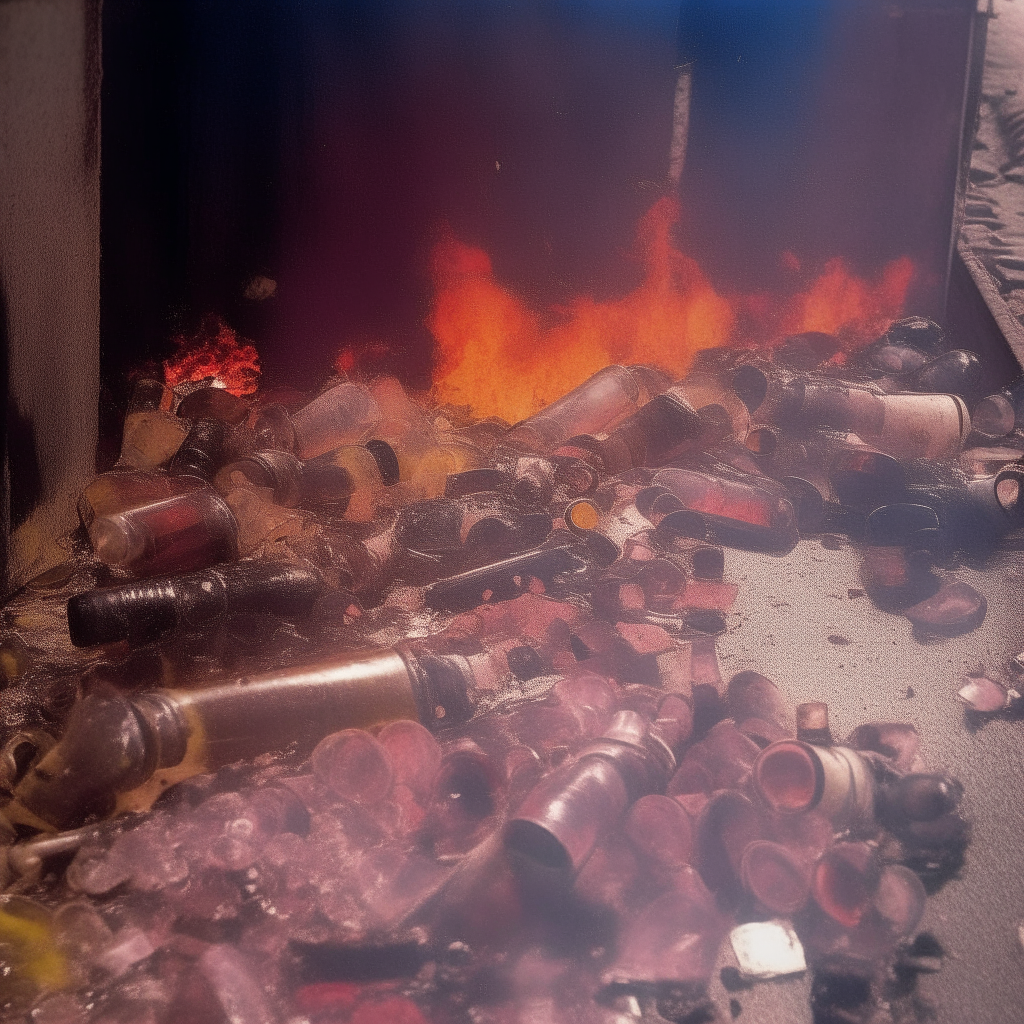 A fiery explosion rips through the street, shattering bottles in all directions