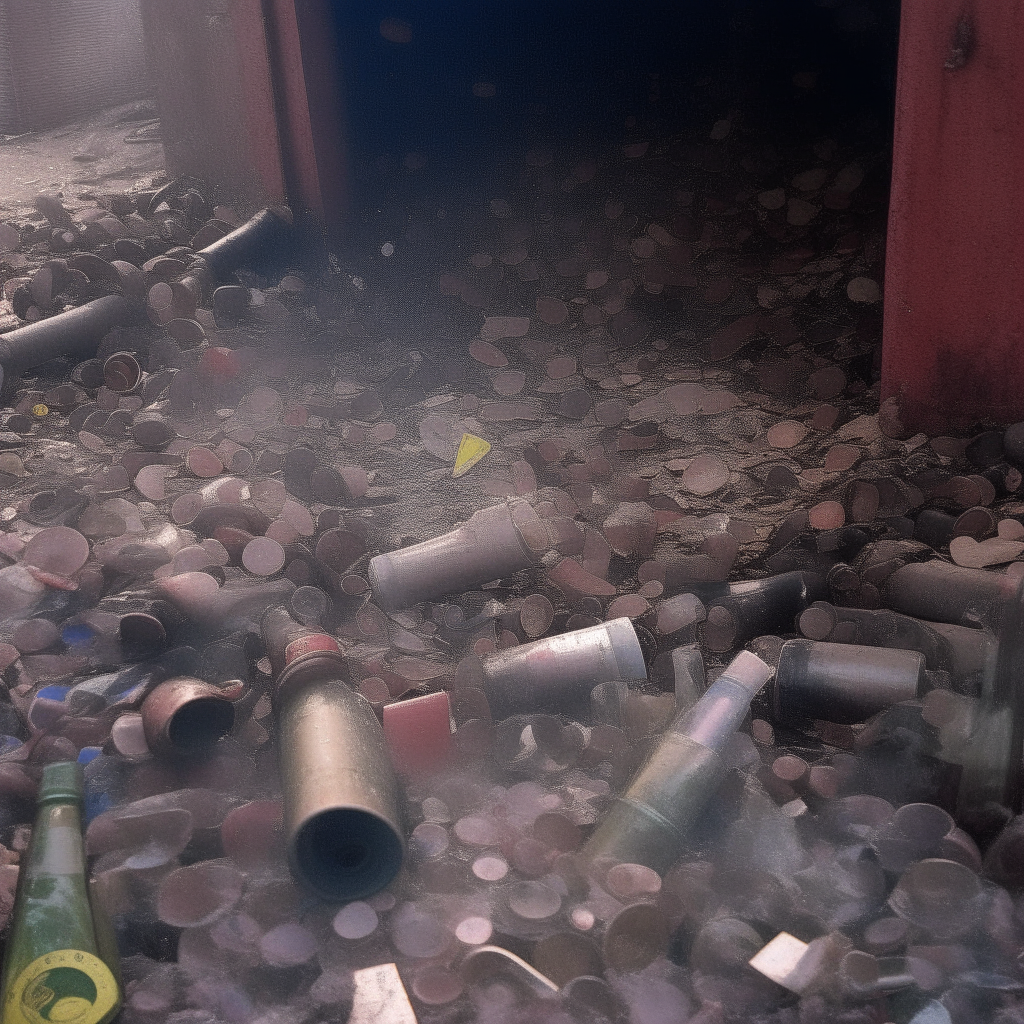 Debris and bottles rain down after the blast clears