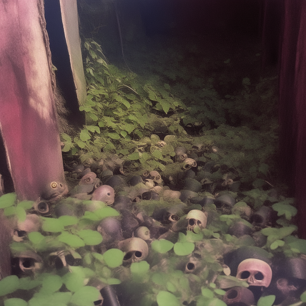 An overgrown garden where skulls have been arranged in memory of the lost