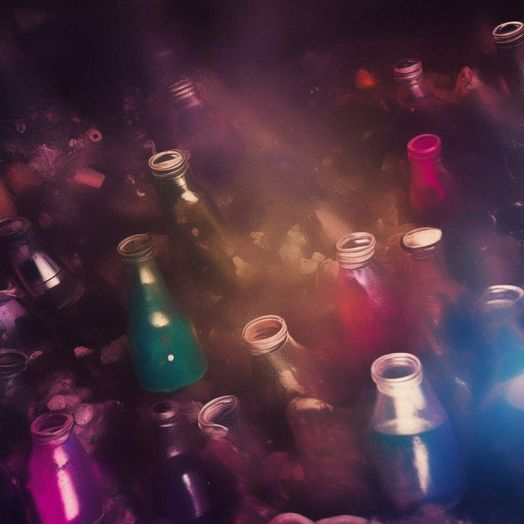 A nebula of colorful space dust and bottles floating in deep space