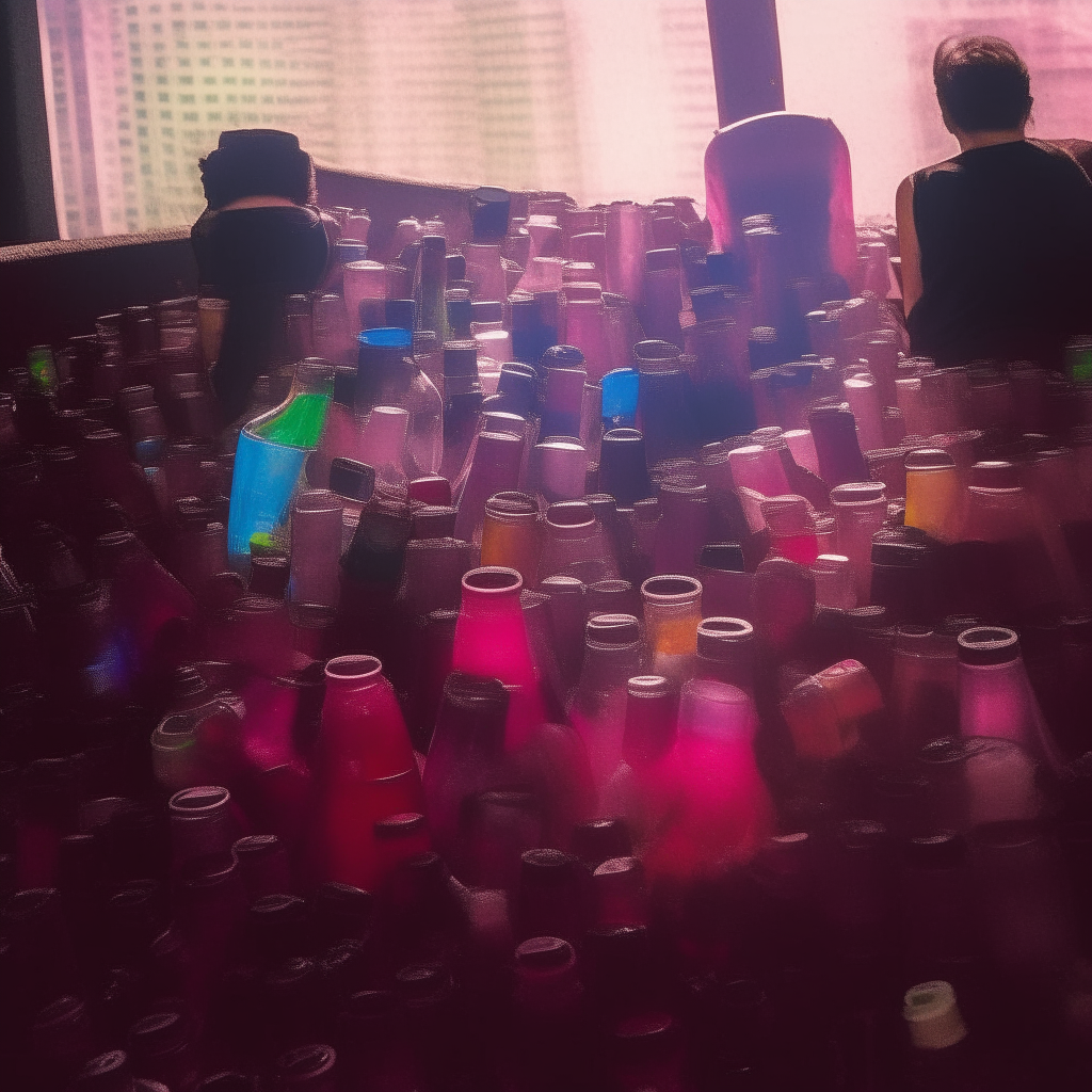 A group of friends enjoying a concert in the colorful bottle skyscrapers of Neo-Tokyo