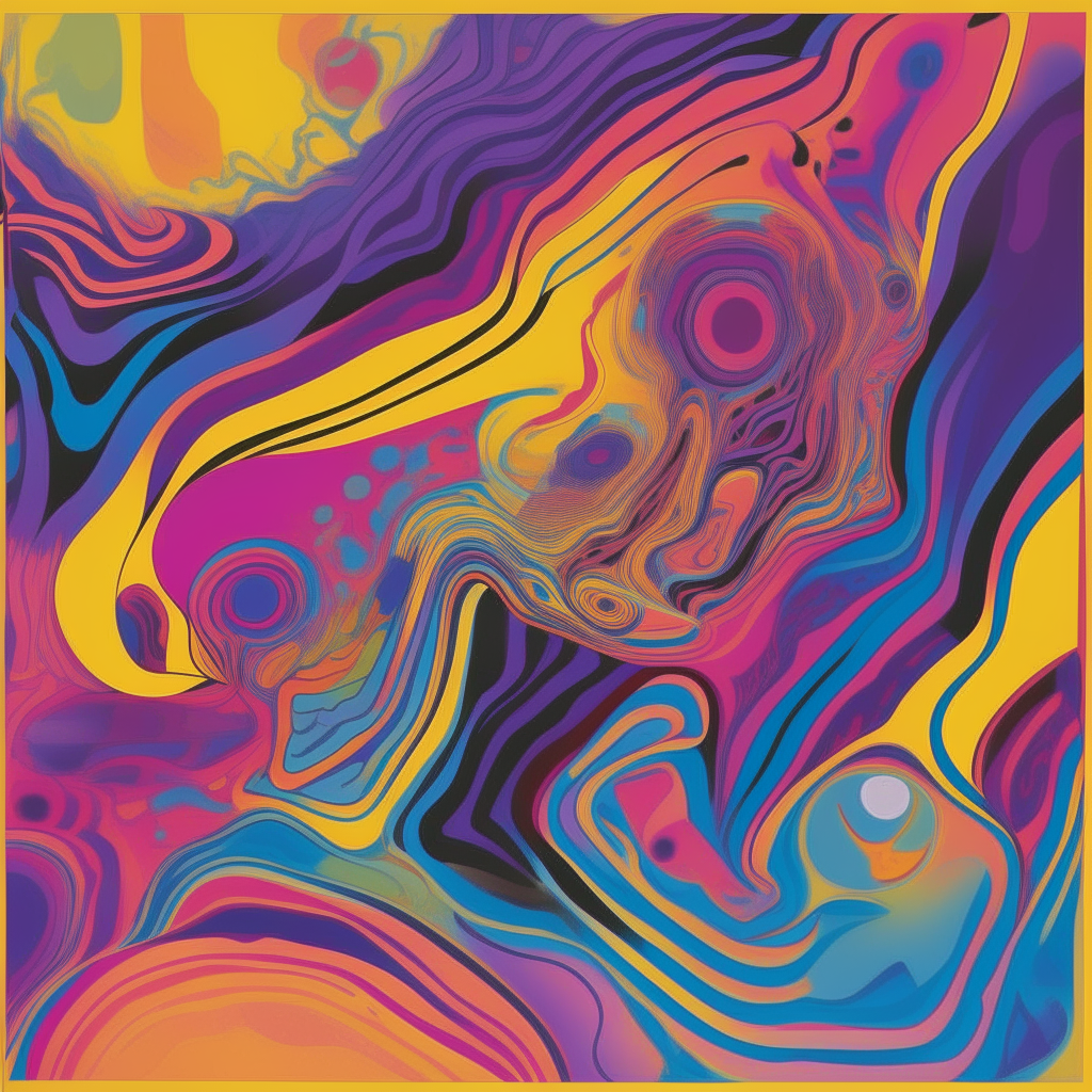 A psychedelic album cover design featuring a blurry yellow background with trippy patterns and shapes in shades of pink, purple and blue. Set in a square format for vinyl albums. A psychedelic album cover design featuring a blurry yellow background with trippy patterns and shapes in shades of pink, purple and blue. Set in a square format for vinyl albums.