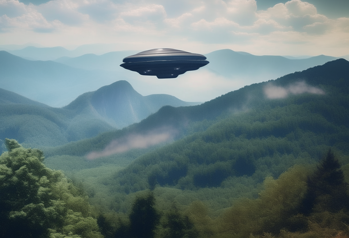 A spaceship flying over the smoky mountains