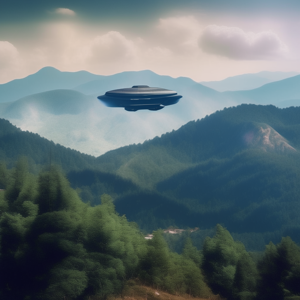 A spaceship flying over the smoky mountains