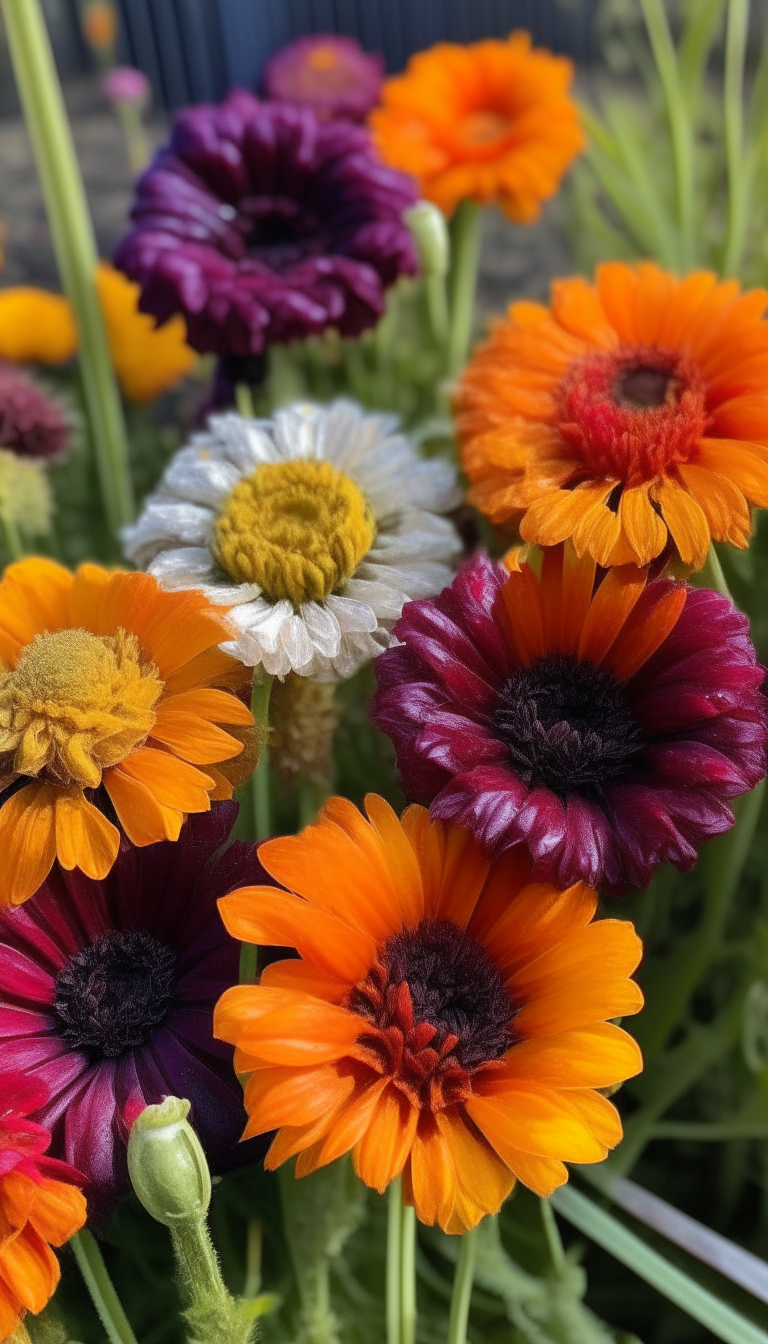 dark purple, brown, red, yellow, and orange calendula flowers