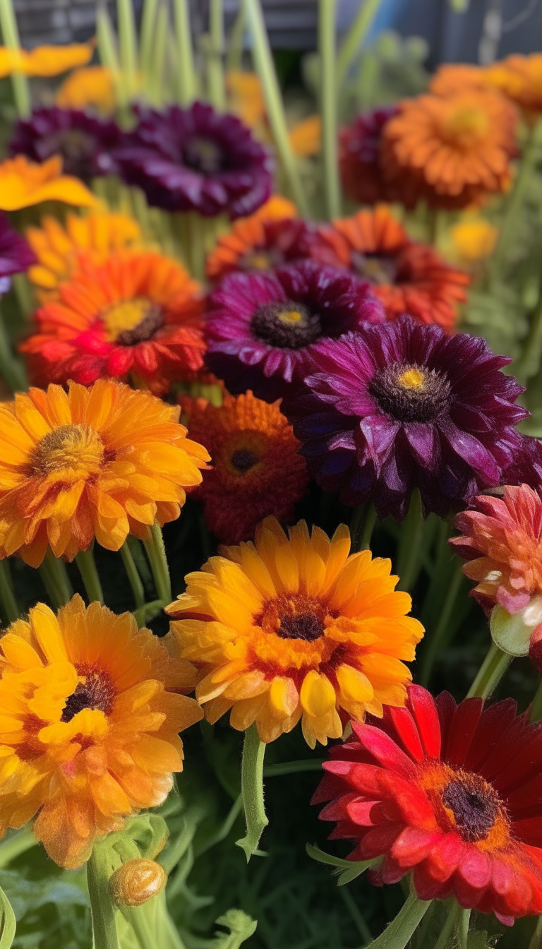 dark purple, brown, red, yellow, and orange calendula flowers