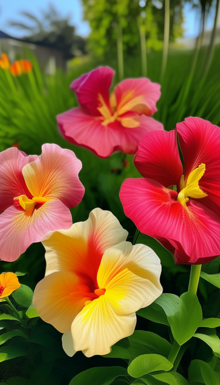 An array of beautiful hibiscus flowers - reds, pinks, oranges and yellows - standing out against green grass on a sunny summer day.