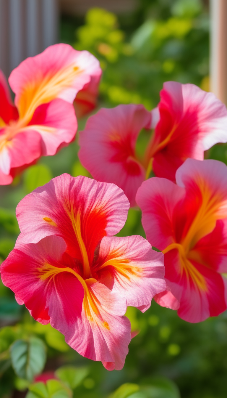 Vibrant hibiscus blooms in shades of red, pink and orange wave gently in the breeze on a lovely summer afternoon.