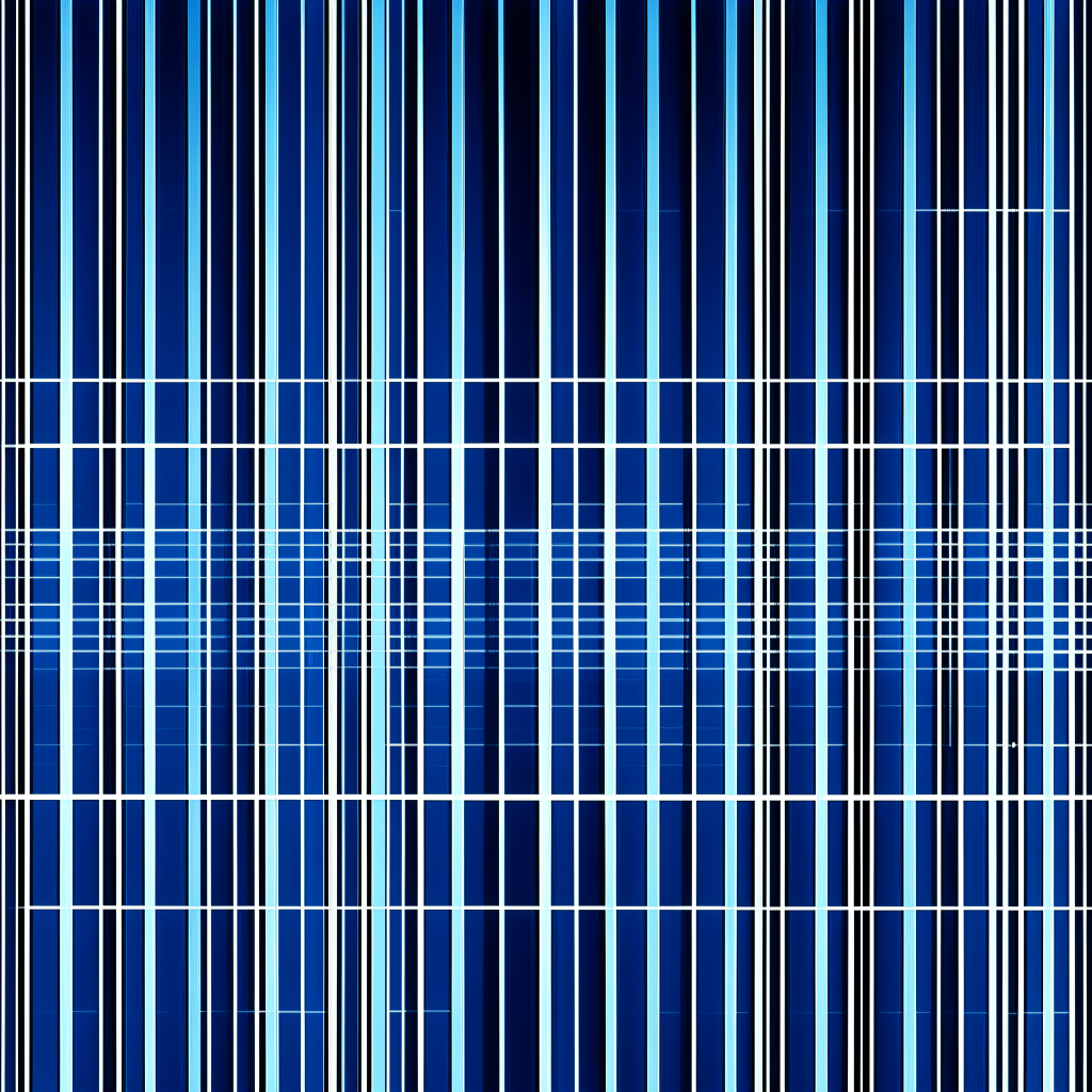 A dark fluorescent blue background with ten thick white vertical lines spaced evenly across the square canvas in a symmetrical pattern. The lines have a modern style.