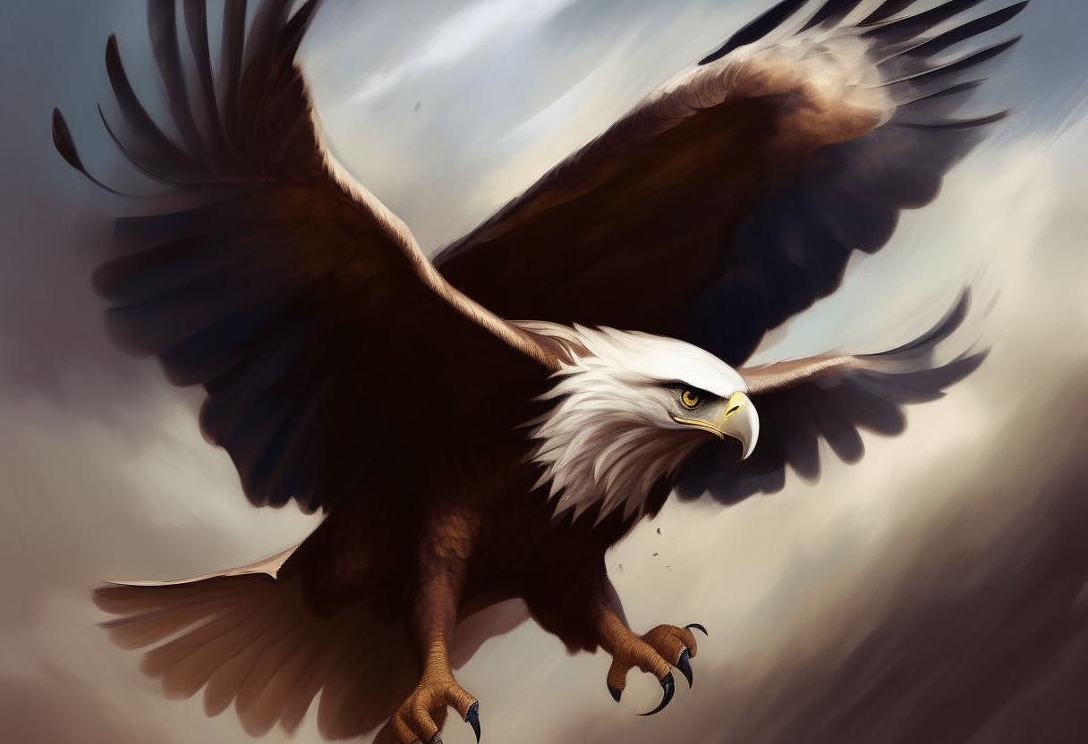 A painting of an angry eagle. attacking. both wing tips curl with the wind. wide angle.
