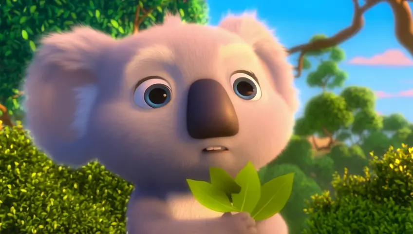 3d cartoon koala, very cute, big eyes, eating eucalyptus