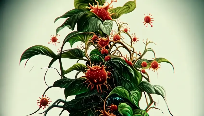 A surreal digital artwork depicting a human flesh merged with a plant, featuring detailed human anatomy within the plant's structure. The plant has vibrant green leaves, with a single stem extending upwards, and roots below. Some of its parts have cross sections of fruits and flowers. Red virus forms emerge from the stem. The skin tone is pale, and the flesh has a realistic texture, merged with electronic board circuits. Red and blue cables emerge from the leaves, connecting to the skin, suggesting a biotechnological and cyborg theme. plugs hang from the leaves. The background is a gradient of white to light gray, enhancing the focus on the subject. The style is scientific illustration, with meticulous attention to anatomical and botanical details