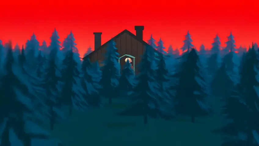 stylized animation, comic book style, 2D, predominance of blue and red colors, an old man in a coat comes out of his forest cabin