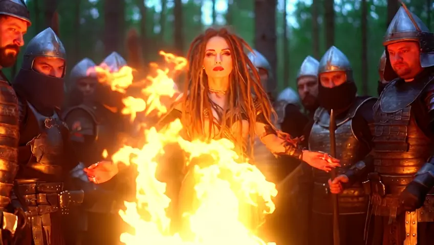 a woman with dreadlocks in shaman outfit standing near a bonfire among Russian warriors in armory