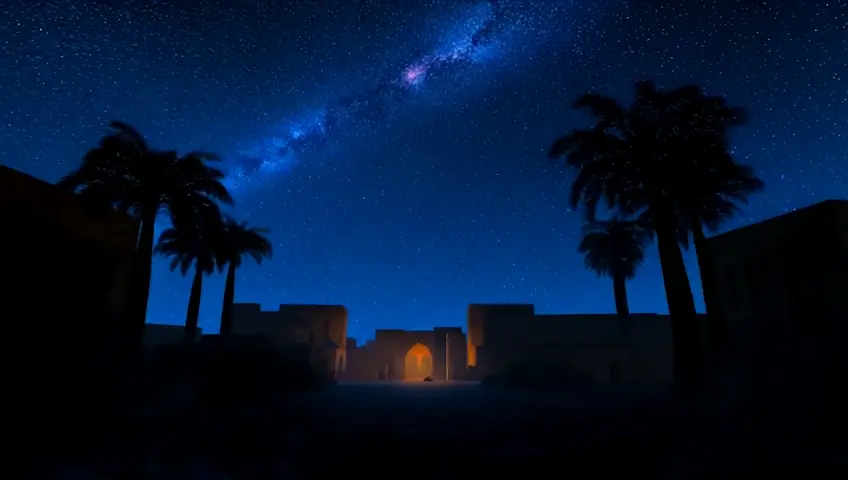 ancient arab times village palm trees dark night shining star szoom in