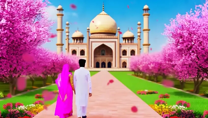 "Design a captivating digital motion card for a Nikah ceremony invitation, featuring a traditional Pakistani bride and groom walking towards the majestic Badshahi Mosque. The scene is surrounded by blooming flowers in vibrant colors, adding elegance and charm. The background showcases the grandeur of the mosque with its beautiful architecture, while gentle, flowing animations of petals fall softly, creating a serene atmosphere. The couple’s names appear in flowing calligraphy, with glowing light particles resembling shining stars. The entire design radiates romance, tradition, and celebration, with attention to detail in every frame."