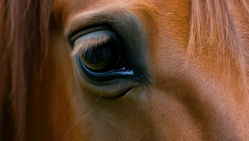 Close-up of a horse's eye, with its glossy brown coat reflecting the light and soft mane framing the shot. Ultra high resolution 4k.