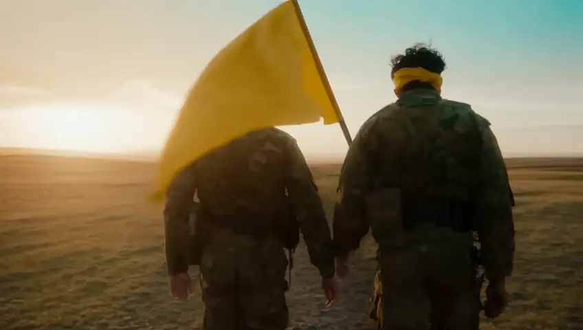 a dozen of soldiers with yellow headbands, some of them has yellow flags, moving to the horizon , a light from the sky is shining and help them to move, they have kelashonkov gun,epic