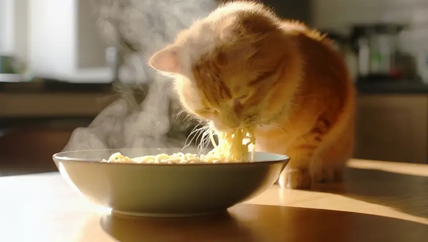 An orange cat eating a bowl of ramen.