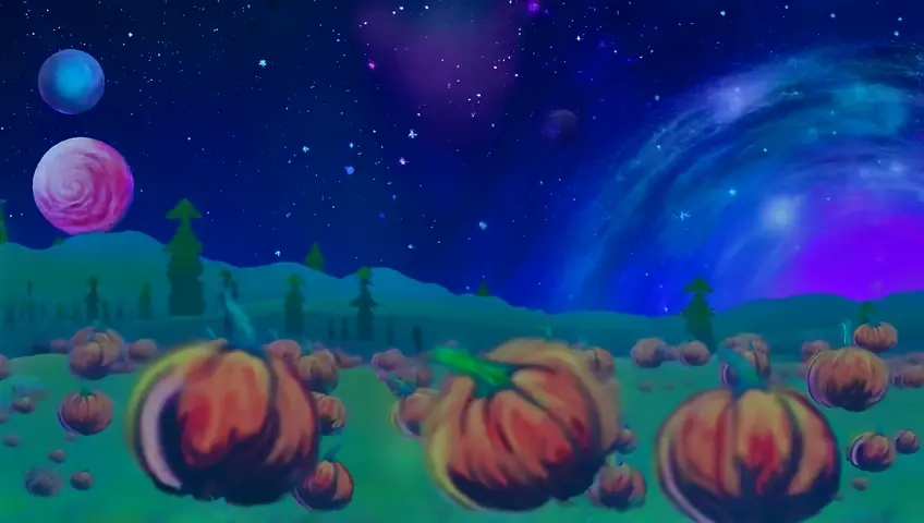 a van gough style painting with pumpkins around and planets and stars in the sky