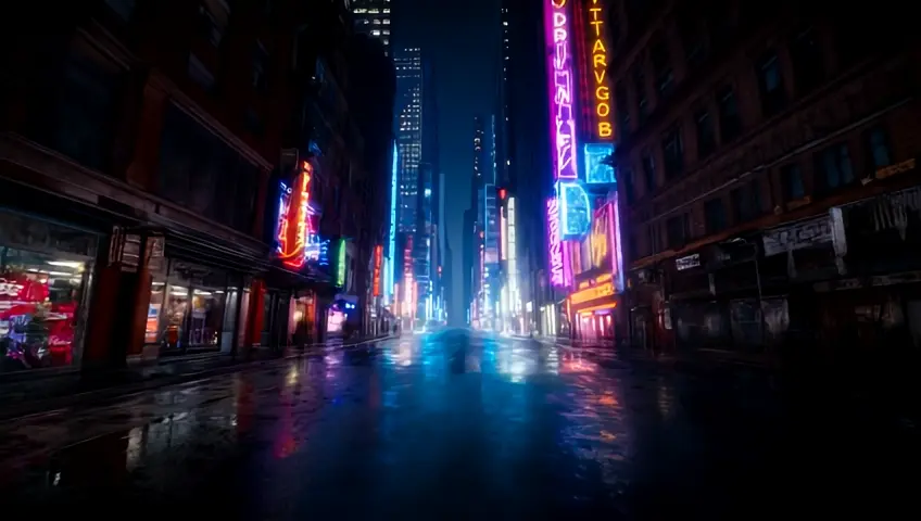 a realistic street shot of a neo noir city at night with neon signs, bustling street, neon signs, a mix of seedy alleyways and gleaming buildings. Rain