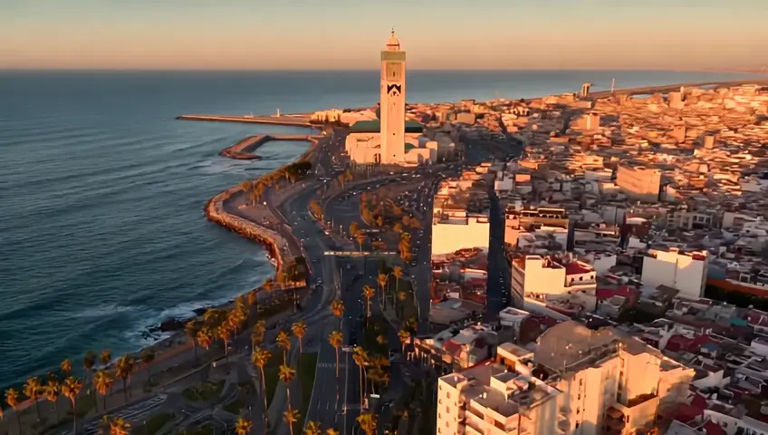 1. "Aerial view of Casablanca at sunset: Capture the blend of modern and traditional architecture, with the iconic Hassan II Mosque towering by the ocean. The golden sunlight reflects off the rooftops, and palm trees line the busy streets."