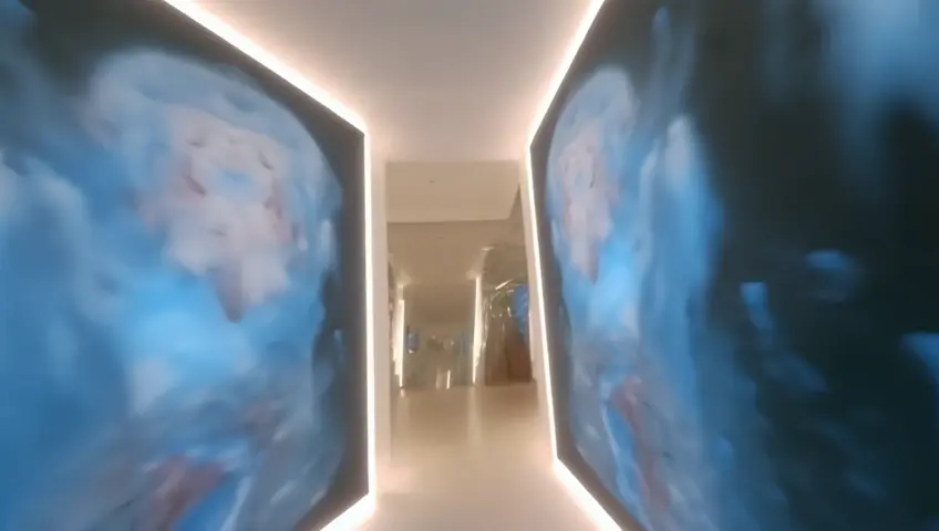 drone flight inside modern art gallery, mirrors on the walls, cinematic