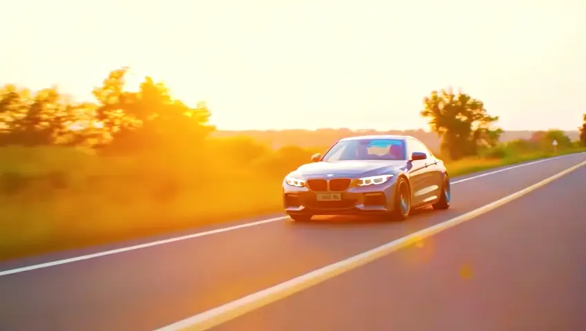 need a bmw m4 car on the road, green trees, sunset