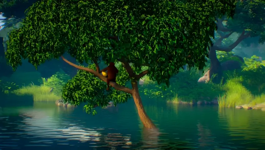 A monkey is  enjoying mangoes  on the mango tree by the side of the river . Generate in 3d