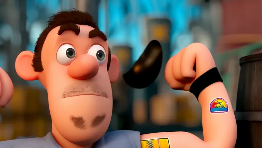 A beardless Popeye with his pipe, flexing his biceps, each arm tattooed with the Real Madrid emblem. A large, muscular Bluto, with a black beard and sailor cap, lies on the ground defeated, leaning against a barrel with tears streaming down his face, tongue out, cross-eyed, and wearing an FC Barcelona emblem on his chest. Digital 3D caricature scene on a dock.