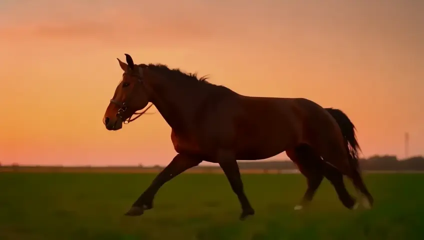 A dynamic shot of a horse galloping freely across an open field at sunset. The camera captures the power and freedom.