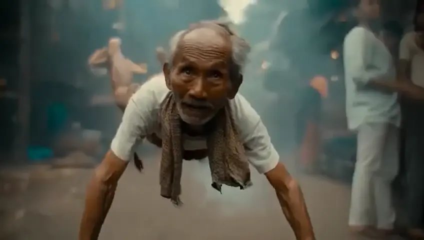 wide angle : an 80 year old grandfather with a typical Indonesian shabby face that is funny and annoying, flying like superman using a blanket tied around his neck, wearing a t-shirt and simple shorts and worn out flip-flops, Camera Movement: Following the grandfather. detail : from his feet emitting smoke like exhaust leaves flying with one hand in front, above the alley of the Indonesian market street.