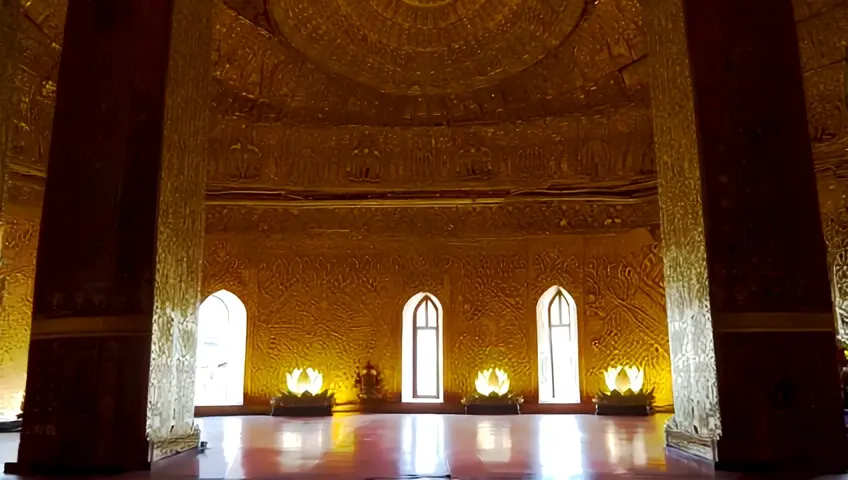 Here, the Buddhist background is richly detailed and depicted, featuring intricate mandalas, golden patterns and luminous lotuses. The serene and majestic atmosphere captures the essence of spirituality and tranquility. 16:9