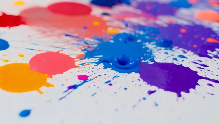 A slow-motion shot of paint splattering onto a blank canvas, creating an abstract piece of art. The camera captures the vivid colors merging and the dynamic motion of the paint