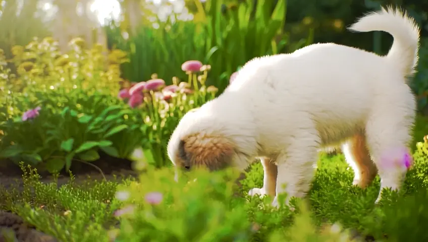 puppy and chicken in the garden